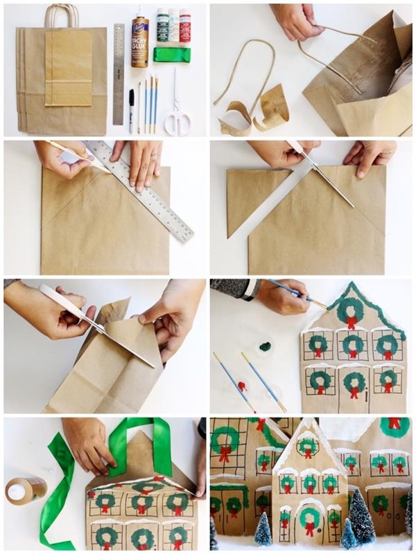 sukurkite Kalėdų kaimą su namais, pagamintais iš personalizuotų kraftpopierinių maišelių, kalėdinių namų dekoracijų iš perdirbtų medžiagų