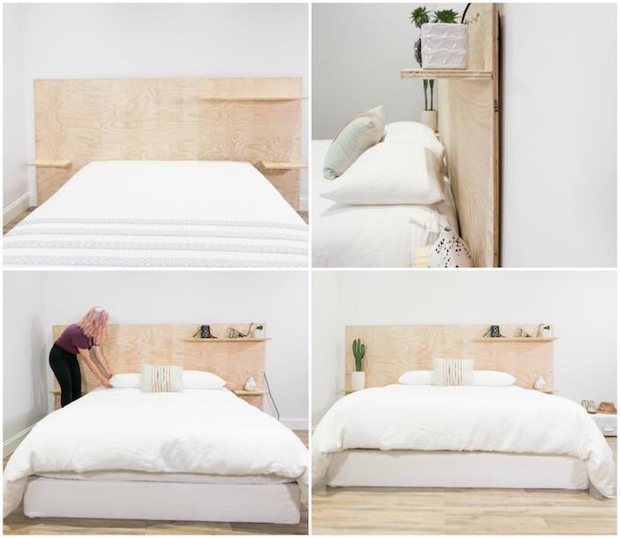 kako narediti vzglavje iz vezanega lesa z lesenimi policami, belim posteljnino, lahkim parketom, dodatki za dekoracijo vzglavnikov in osebnimi stvarmi