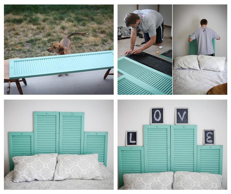 naredite vzglavje iz lesenih polknov, prebarvanih z modro barvo za posteljo s sivo -belim posteljnino