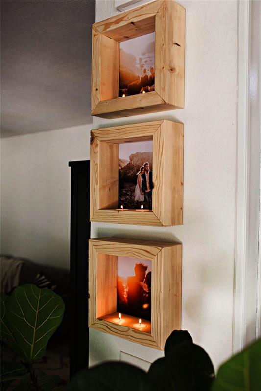 leseno držalo za fotookvir s prostorom za sveče, lesena polica za fotografije z lastnimi rokami