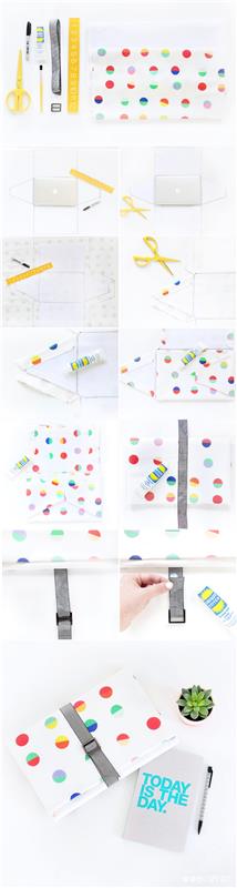 kraft zarf, renkli noktalarla beyaz kumaştan bir tablet veya dizüstü bilgisayar cebi yapmak için yaratıcı fikir