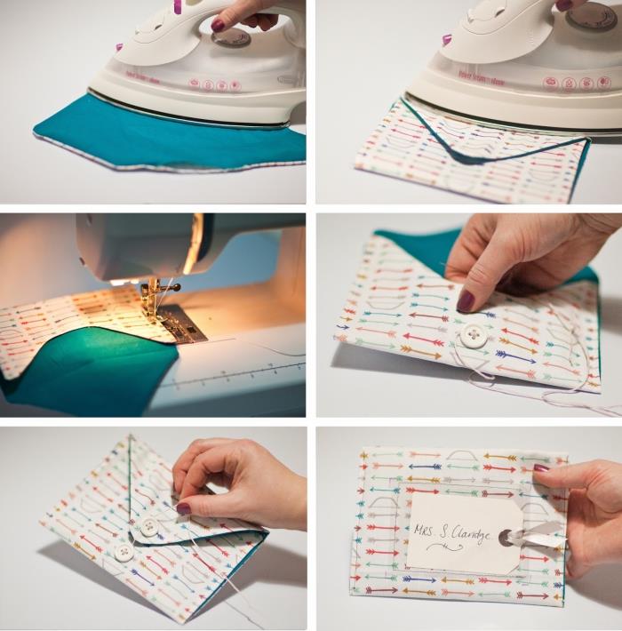 Beyaz düğmeler ve ipliklerle süslenmiş renkli tasarımlı kumaş parçalarına katlanan zarf