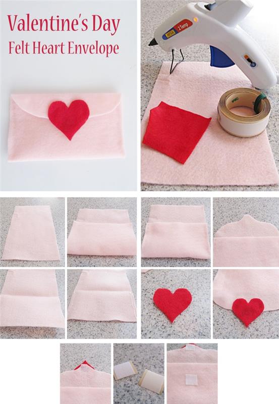 Pembe kumaş ve küçük kırmızı kalpten yapılmış DIY zarf ile bir Sevgililer Günü sürprizi yapma fikri