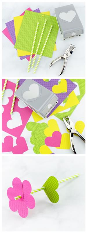 bir saman üzerinde kağıt kalp desenleri ile scrapbooking kağıdından bir çiçek yapın