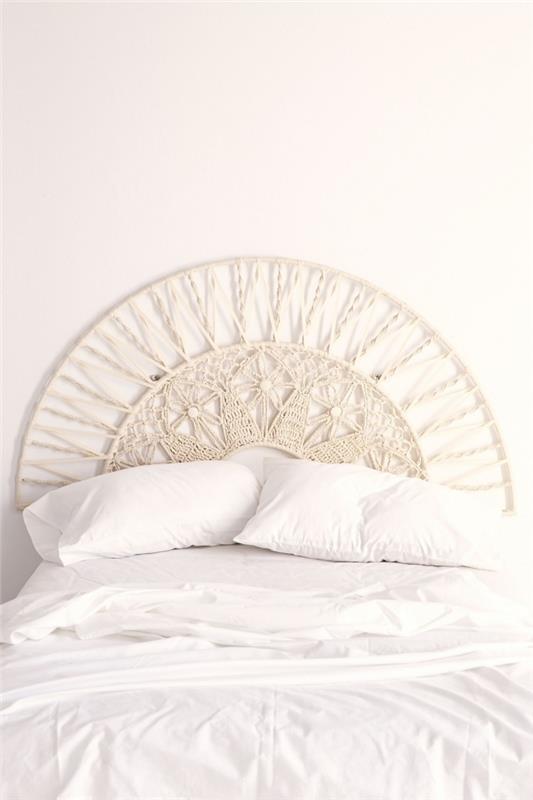 bohem tarzı bir başlık tasarımı yapmak modern boho yatak odası minimalist dekor beyaz çarşaf yarım daire makrome başlık