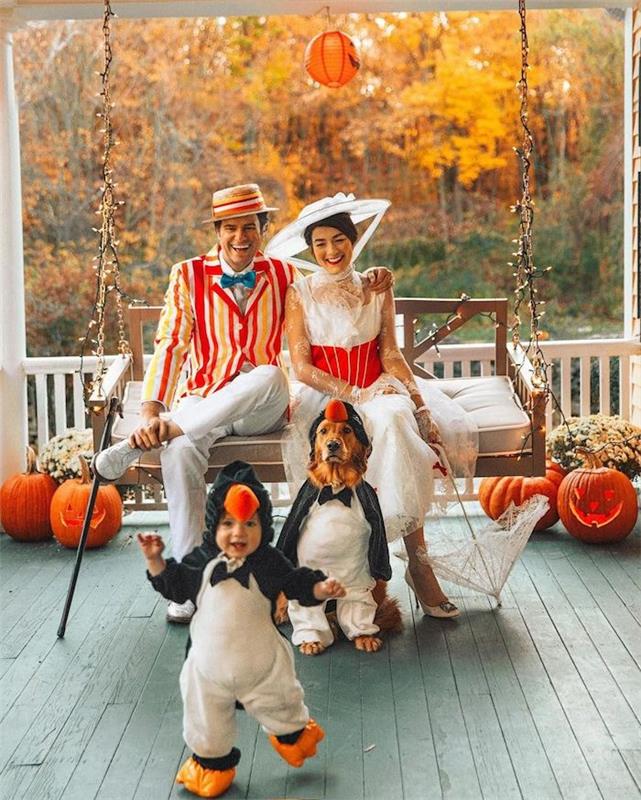 Kostum pingvina za otroka in njegovega psa, kostum za noč čarovnic za dojenčka, kostumi za vso družino, izvirna ideja
