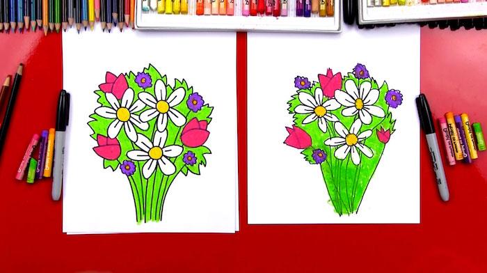 Risba šopkov pisanih rož, risanje cvetov lilije se naučijo enostavno risati
