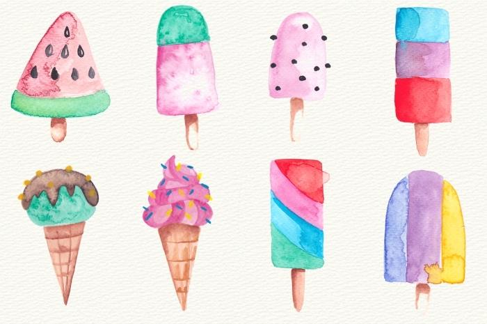 zabavna in barvita akvarelna risba sladoledne palice in stožca sladoleda