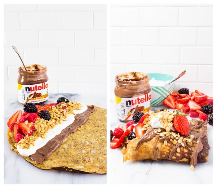 hazırlamak için dengeli ve basit bir kahvaltı, soslar, yoğurt, nutella, granola, müsli ve kırmızı meyveler ile glütensiz krep