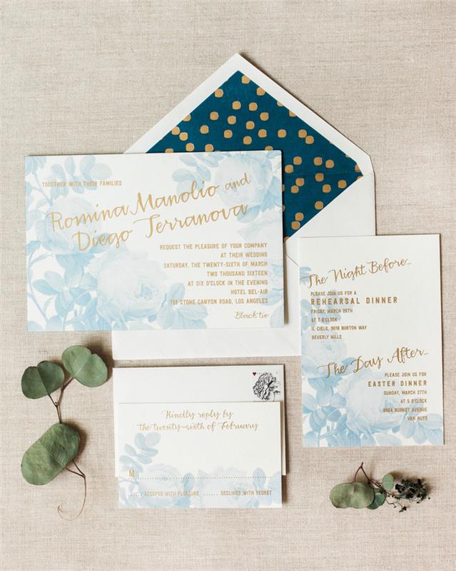 altın harflerle birleştirilmiş suluboya dal desenleri ile bir doğa düğün davetiyesinin temiz tasarımı