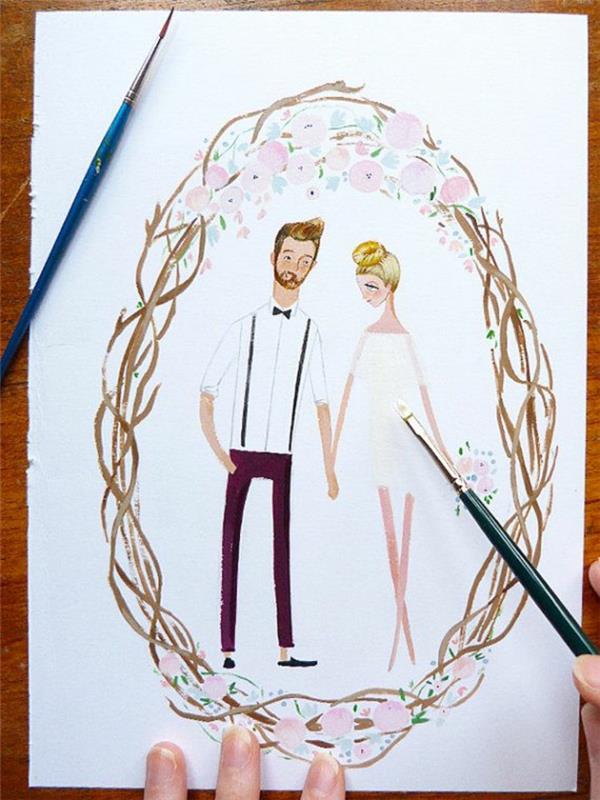 Vestuvių įvaizdis vestuvių piešimo iliustracijai nuotakos ir jaunikio kvietimas į vestuves suasmenintas