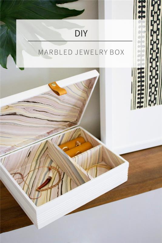 DIY personalizirana lesena škatla za nakit, primer, kako narediti eleganten organizator nakita iz marmorja
