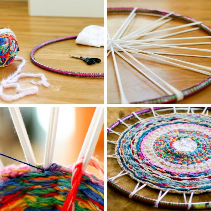 hula hoop ve yün, renkli tasarımlı yuvarlak halı deseni ile çok renkli bir halı yapma adımları