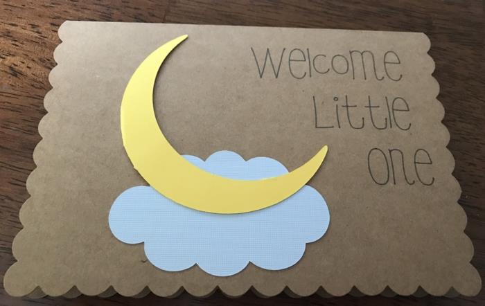 naredite osebno voščilnico, dobrodošli mali dojenček, lunin disk in modri oblak
