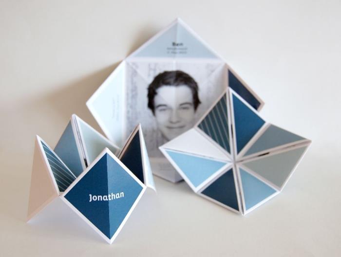 personalizuoto popieriaus troškintuvo vietos kortelė su nuotrauka modelio apačioje su madingais geometriniais raštais