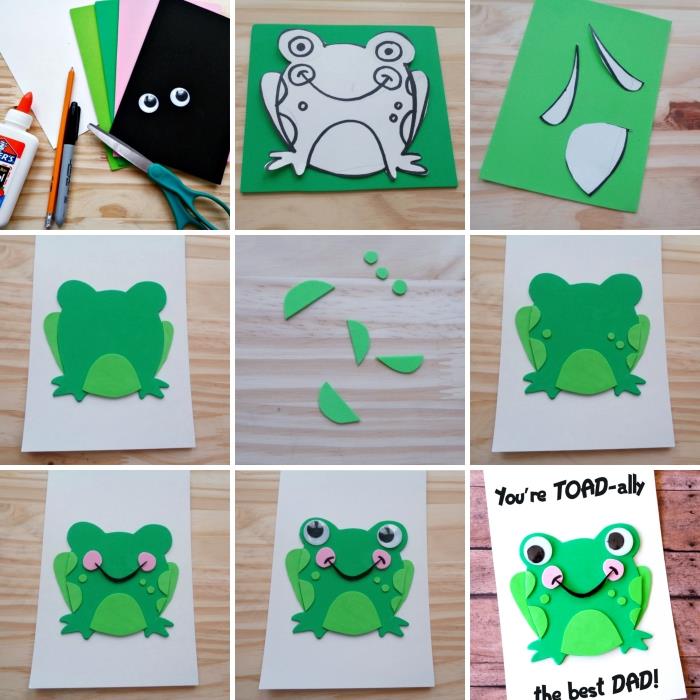 darilo za dan očetov v vrtcu korak za korakom, da si olajšate razglednico z zelenim papirjem 3D žaba s krhkimi očmi