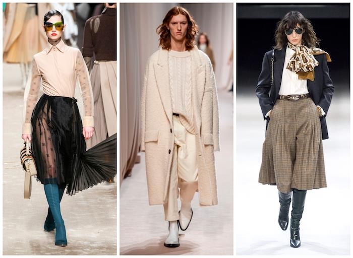 trendi jeseni zima 2019 2020, fotografije ob boku treh različnih oblek, ki so jih nosile manekenke, ki so hodile po vzletno -pristajalni stezi