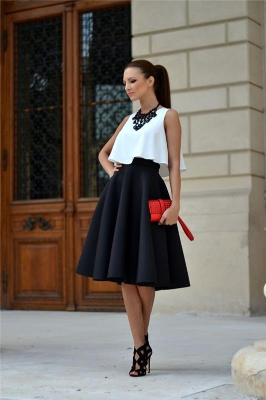 slava-posvojitev-elegantna-obleka-za-ženske-dnevno-krilo-črna-srajca-bele-sandale s peto