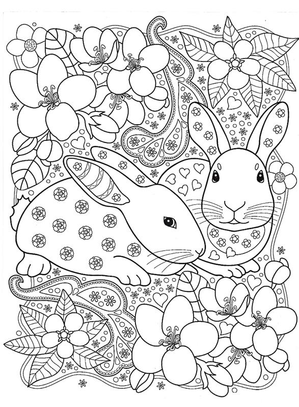 Yetişkinler ve çocuklar için baskı için Paskalya çizimi, çiçekler ve tavşanlarla Paskalya teması üzerine sanat terapisi mandala çizimi