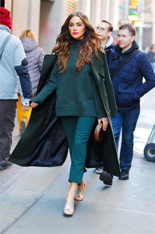 Oljčno zelena obleka slavnih osebnosti, trendovske konusne ženske hlače 2019, nosite dolg plašč in hlače