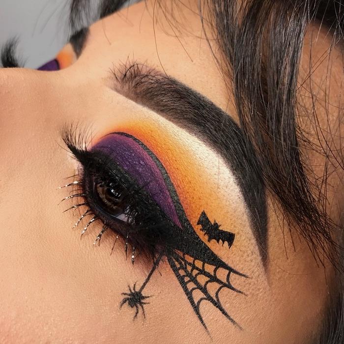 pisana senčila ličila sence vijolično oranžna tehnika ombré oči ličila halloween pajek risanje podloge za oči