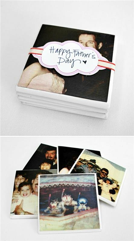 darila za očetov dan od hčerke, podstavki, narejeni iz družinskih fotografij, vezani z belim, rožnatim in rdečim trakom