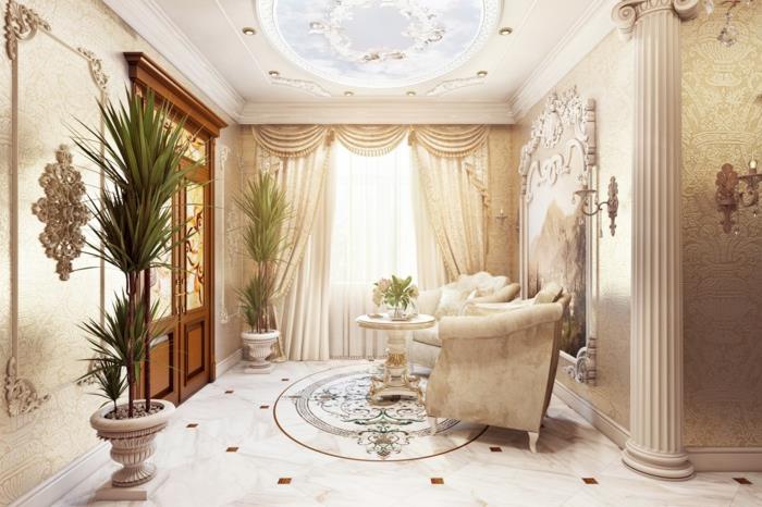 baročna dekoracija, tropsko cvetje, beli strop z ometjo, marmorna tla, očarljivo pohištvo