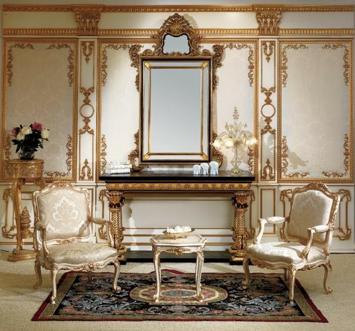 baročni dekor, zlato ogledalo, zlate dekor stene, baročna spalnica, očarljivo pohištvo