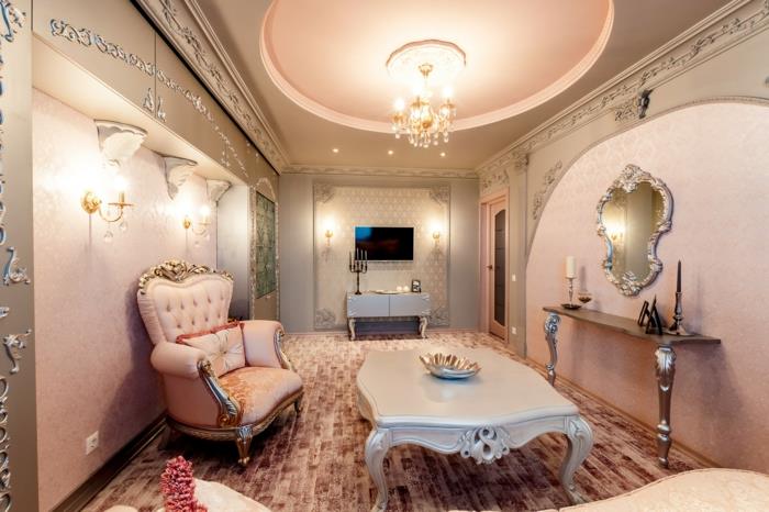 baročna dekoracija, viseči strop, kristalni lestenec, očarljivo pohištvo, mizica