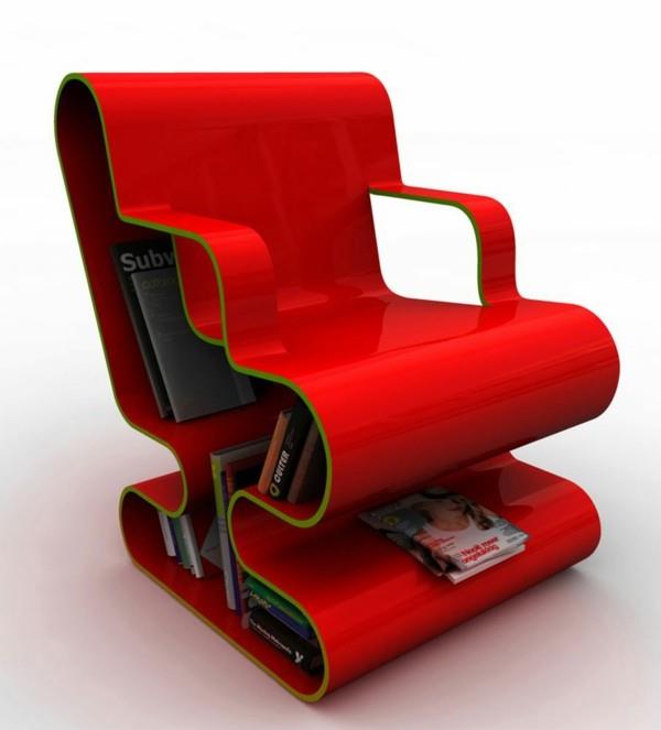 raudono dizaino fotelis su integruota knygų laikymo vieta