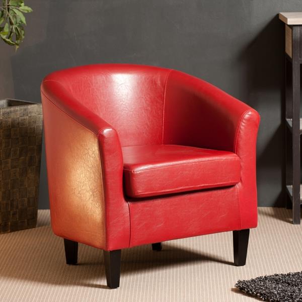 raudono dizaino fotelis-medinės kojos-odos apmušalai