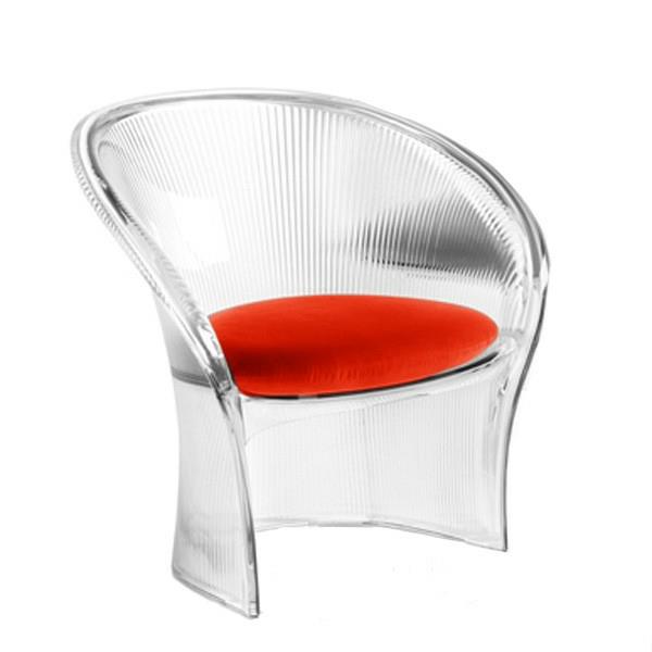 raudono dizaino fotelis-raudona sėdynė-skaidrus atlošas