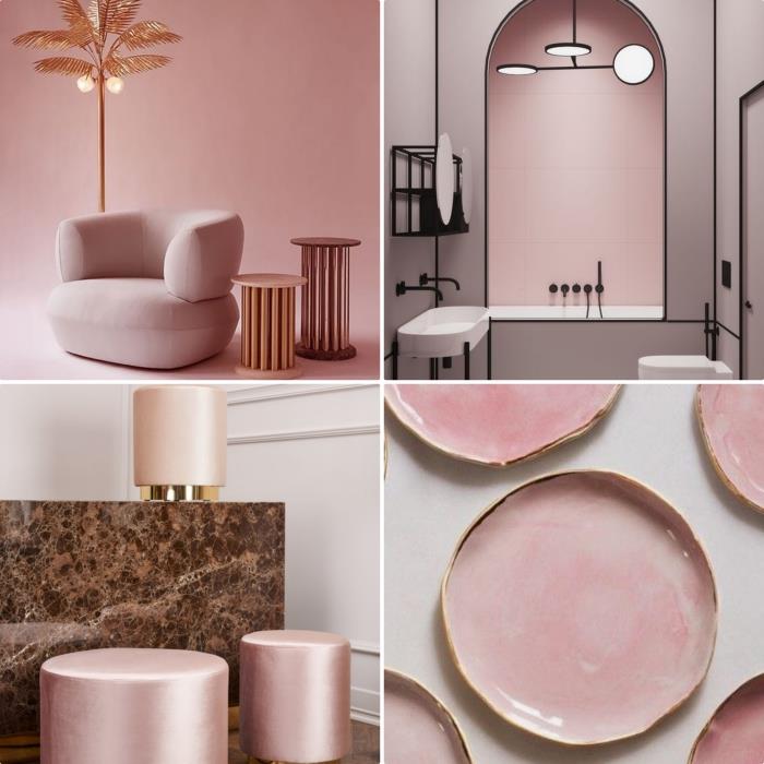 rožinė pudra su palmių dizaino lempa, skirta integruoti į rausvos spalvos rožinį miegamąjį, rausvos ir matinės juodos spalvos vonios kambario dekorą