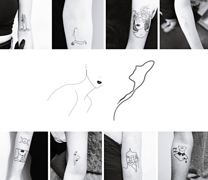 ženske silhuete, črno -bele fotografije, foto kolaž, ključne tetovaže