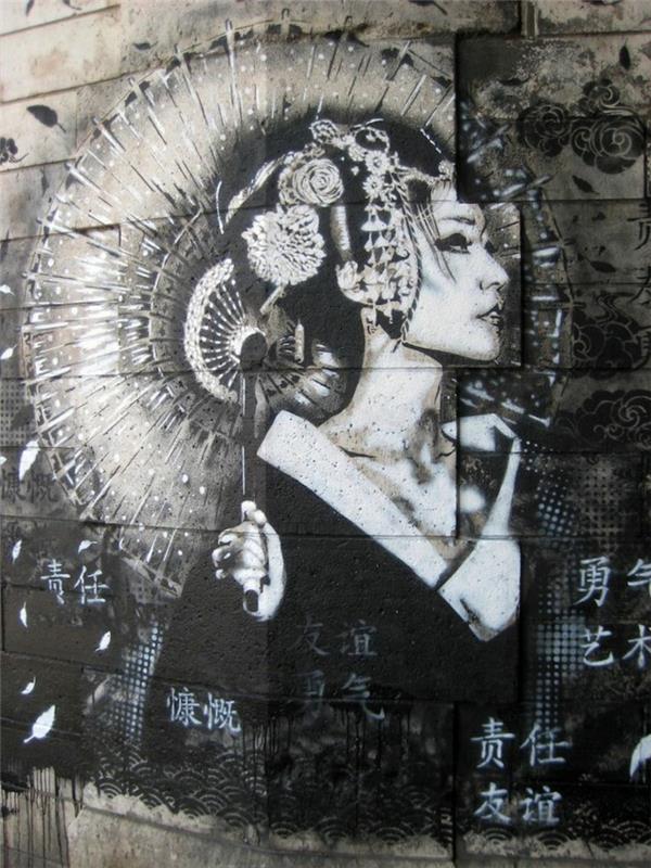 azijietė-moteris-meninė-trafaretas-gatvės menas-tapyba-geiša