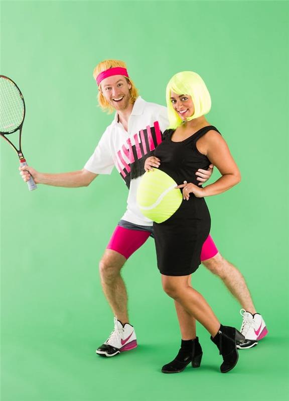 Teniso žaidėjas ir jo dubuo, nėščios moters pora paskutinės minutės juokingas kostiumas, Helovino kostiumo idėja