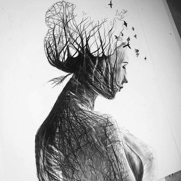 Soyut kömür sanatı, kışın ağaçlar ve orman kuşları ile çift pozlu bir kadının portresi, orijinal fikir