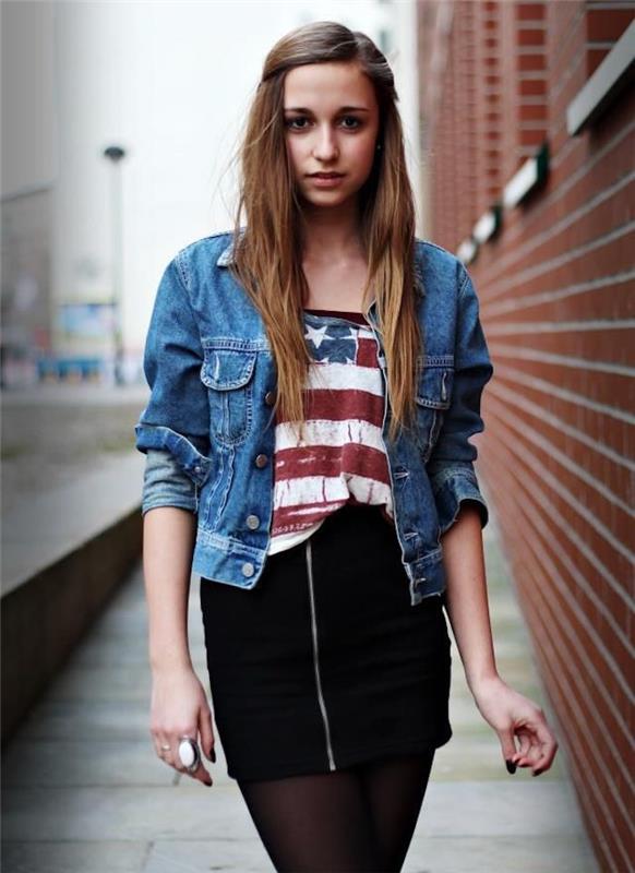 vintage girl hipster look modna obleka levis denim jakna krilo