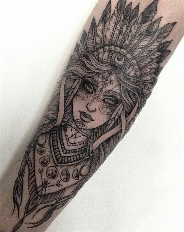 Indijska ženska tetovaža, indijski pokrivalo, podoba ženske in lune, simbolična tetovaža več podrobnosti