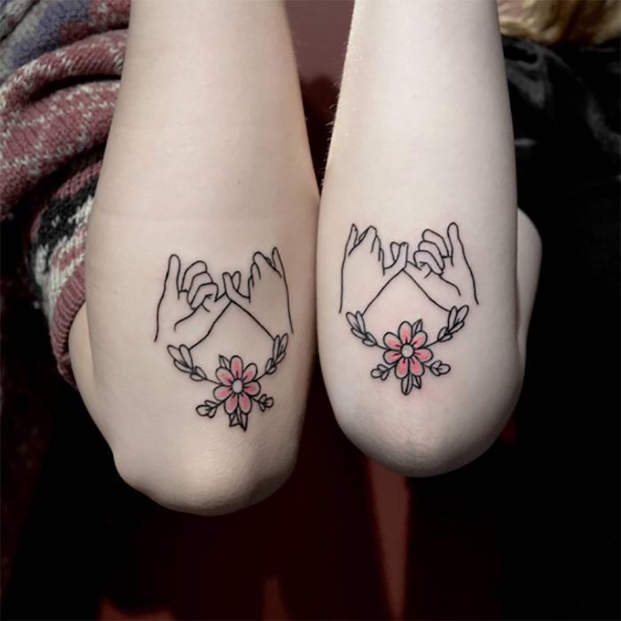 draugystės tatuiruotė, simbolinis dizainas ant odos rankomis ir gėlėmis, kūno piešiniai, kuriais dalijamasi tarp geriausių draugų