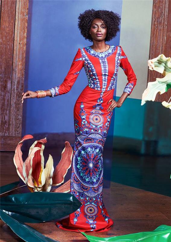 eleganten model afriške obleke z dolgimi rokavi, v afriškem slogu, v modri in rdeči barvi z okroglim izrezom, okrašenimi v turkizno modri barvi