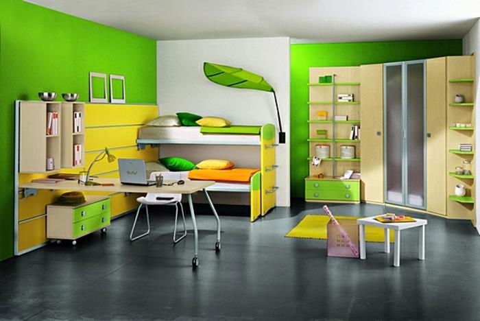 feng-shui-vaikų kambarys-žalia-siena-pilka-lino-grindų-baldai-vaikų kambariui