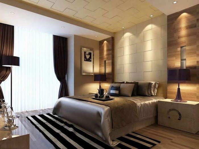 črtaste preproge v harmonični in pomirjujoči spalnici v nevtralnih in elegantnih barvah
