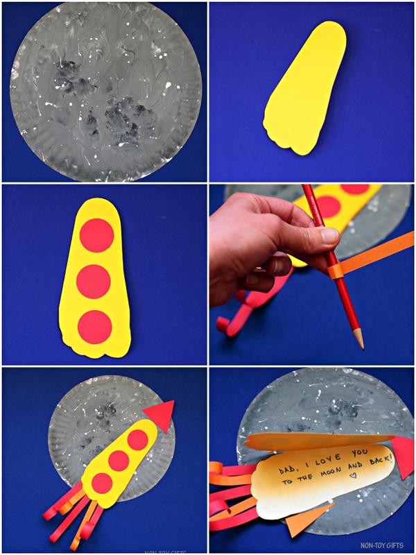 Anaokulu çocukları ile yapmak için Babalar Günü hediyesi fikri, ay manzarası ve ayak izi roketi yapmak için karton tabaklarla DIY