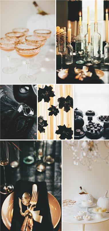 cadılar bayramı etkinliği, siyah ve altın dekorasyon, şampanya bardakları ve Cadılar Bayramı mumları ile Cadılar Bayramı masası nasıl düzenlenir