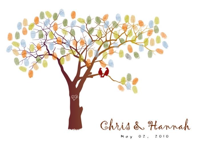 ovitek za foto album z albumi o poroki s skicami ptic in drevesa s pisanim listjem