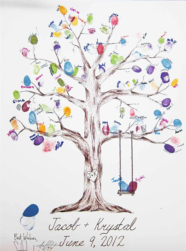 barvna risba z gugalnico in drevo z listjem z barvitimi odtisi črnila