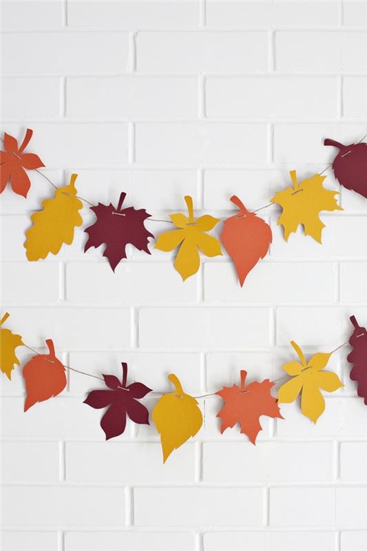 spalvingas popierius rudens lapai Helovino apdaila namas baltos plytos lengvas sienų dekoravimas