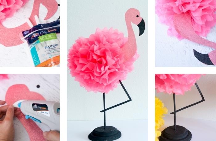 rankinė veikla vaikams, dekoratyvinis krepinis popierius ir plastikinė figūrėlė su flamingo dizainu, „pasidaryk pats“ paauglių miegamojo dekoratyvinis objektas