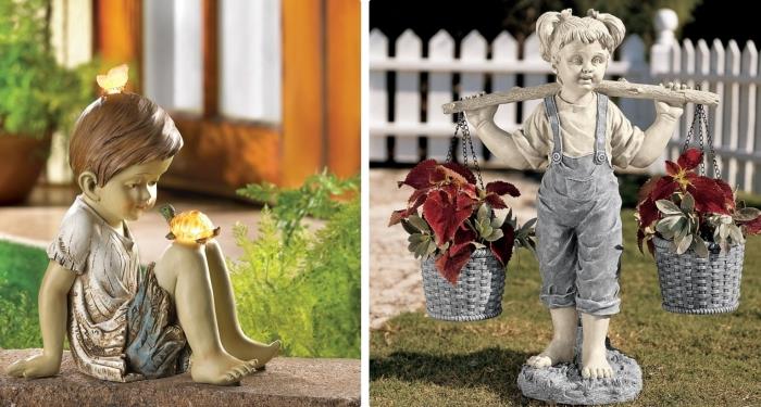 babičina darilna ideja za vrt, skulptura v obliki malega dečka v zlatih oblačilih s svetlimi živalmi